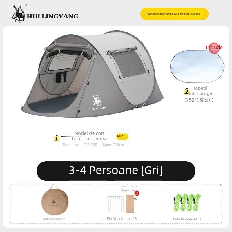 Cort piramidal pentru camping, cu un singur strat, montaj manual, exterior poliester, rezistență la apă 2000–3000 mm