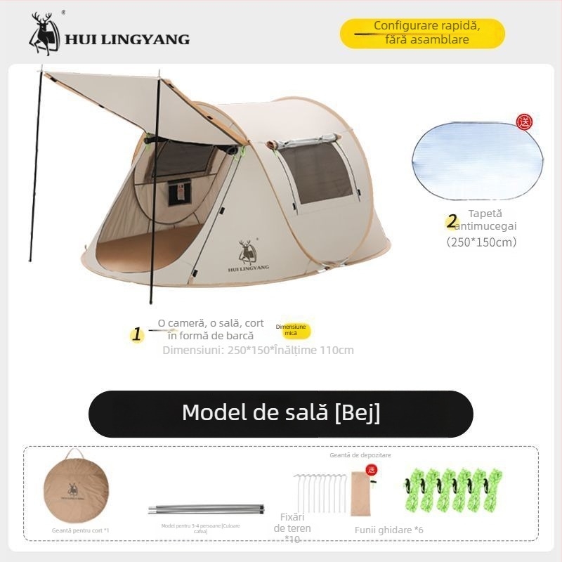 Cort piramidal pentru camping, cu un singur strat, montaj manual, exterior poliester, rezistență la apă 2000–3000 mm