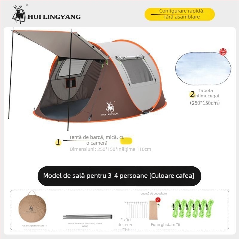 Cort piramidal pentru camping, cu un singur strat, montaj manual, exterior poliester, rezistență la apă 2000–3000 mm