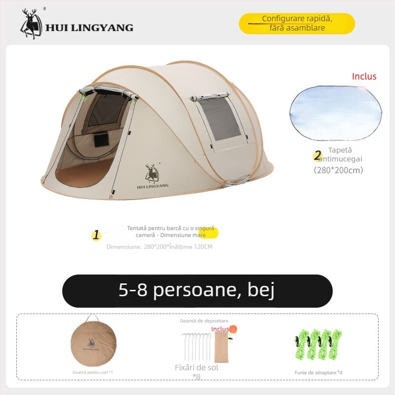 Cort piramidal pentru camping, cu un singur strat, montaj manual, exterior poliester, rezistență la apă 2000–3000 mm
