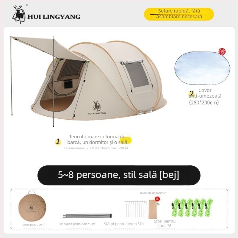 Cort piramidal pentru camping, cu un singur strat, montaj manual, exterior poliester, rezistență la apă 2000–3000 mm