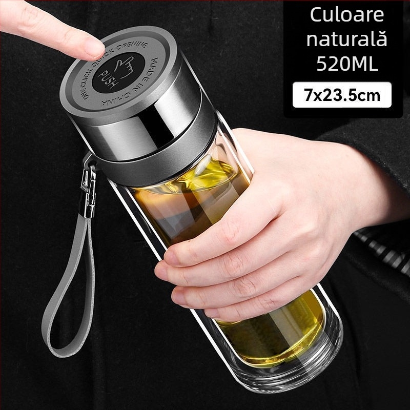 Cană de ceai din sticlă borosilikată cu dublu strat pentru mașină, izolație termică anti-arzire și capac cu un clic