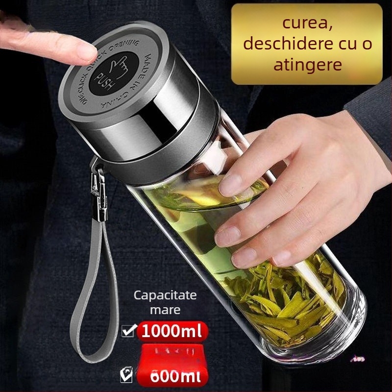 Cană de ceai din sticlă borosilikată cu dublu strat pentru mașină, izolație termică anti-arzire și capac cu un clic