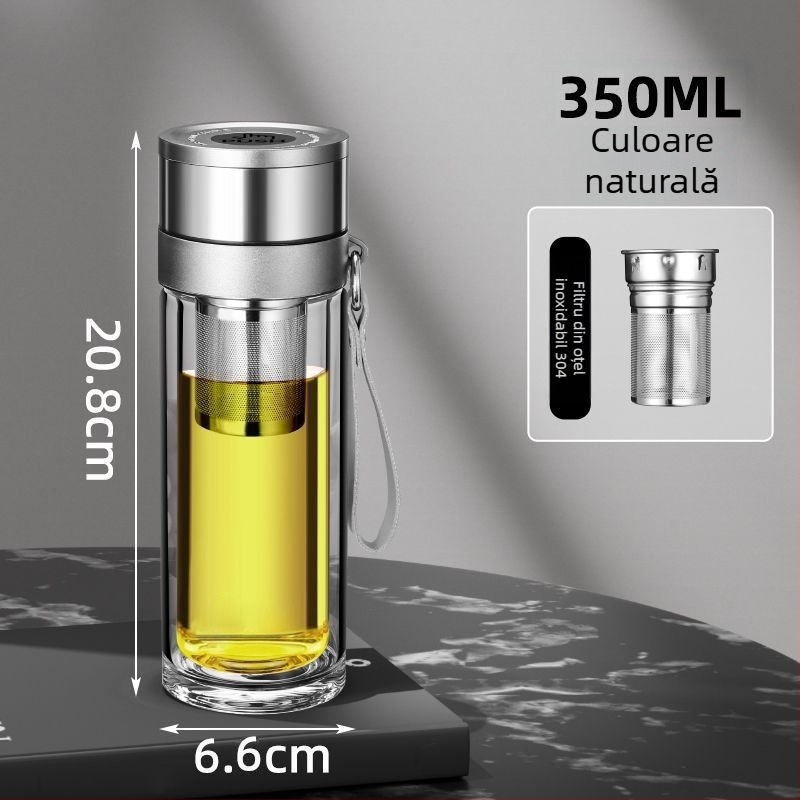 Cană de ceai din sticlă borosilikată cu dublu strat pentru mașină, izolație termică anti-arzire și capac cu un clic