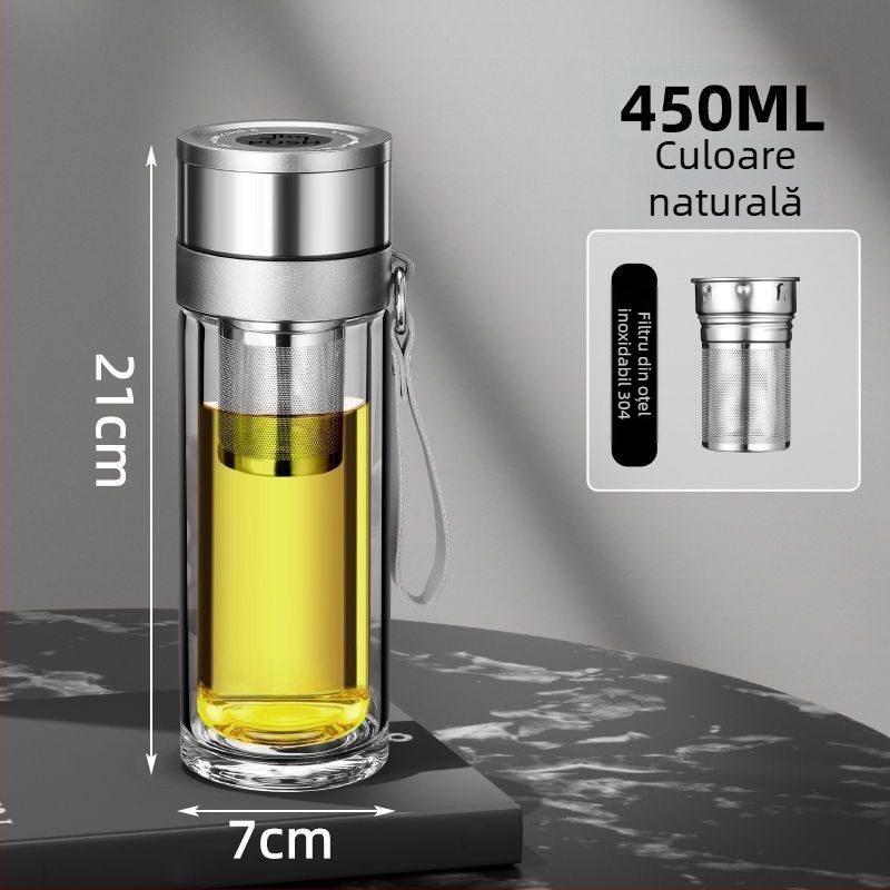 Cană de ceai din sticlă borosilikată cu dublu strat pentru mașină, izolație termică anti-arzire și capac cu un clic