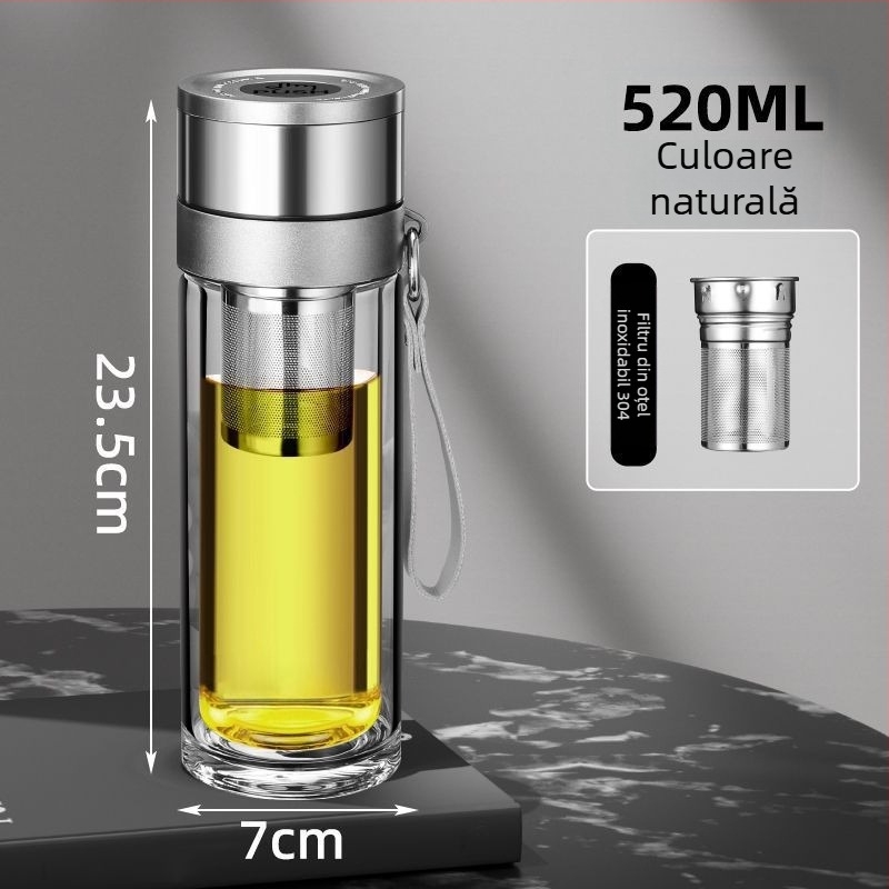 Cană de ceai din sticlă borosilikată cu dublu strat pentru mașină, izolație termică anti-arzire și capac cu un clic