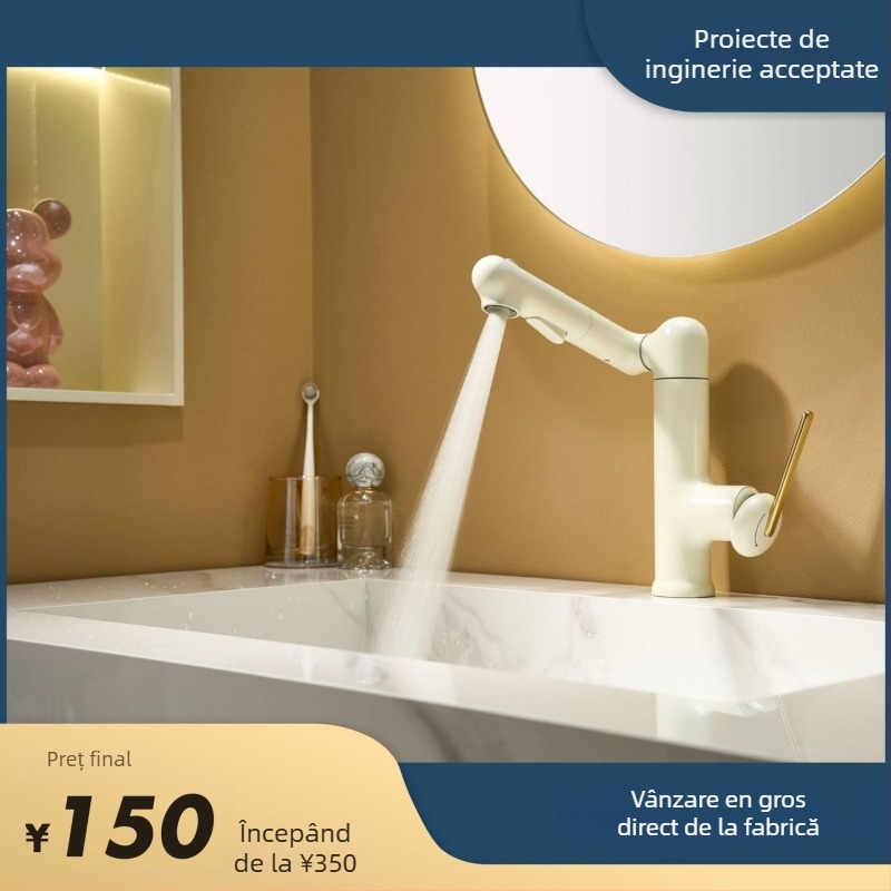 Robinet de baie pentru bazin cu tijă rotativă, montaj sub blat, corp din aliaj de zinc, supapă cu disc ceramic, finisaj electroplacat, control cald/rece cu cheie