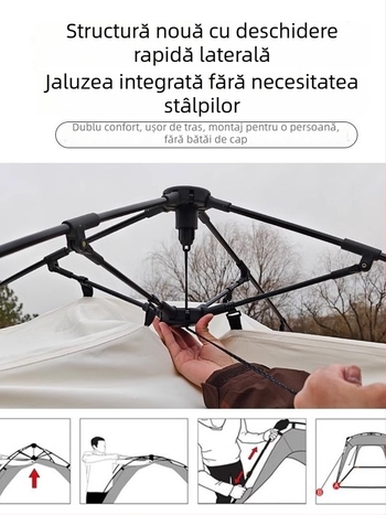 Cort automat cu deschidere rapidă pentru camping; rezistent la vânt și ploi; construcție cu un singur strat; țevi din fibră; exterior, interior și podea din Oxford; greutate 8,6 kg; rezistență la apă exterioară >3000 mm; potrivit pentru primăvară și toamnă