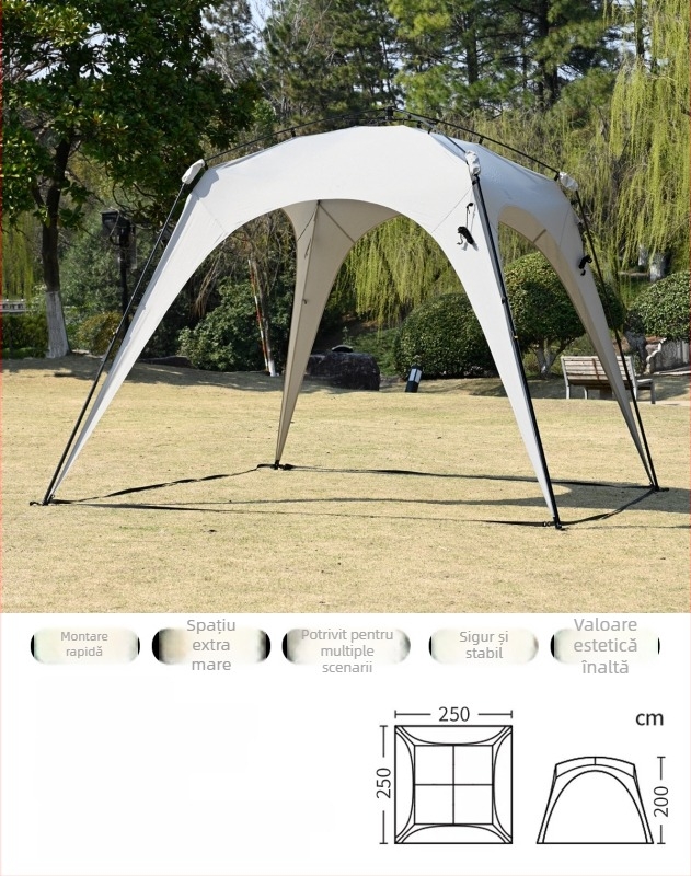 Cort automat cu deschidere rapidă pentru camping; rezistent la vânt și ploi; construcție cu un singur strat; țevi din fibră; exterior, interior și podea din Oxford; greutate 8,6 kg; rezistență la apă exterioară >3000 mm; potrivit pentru primăvară și toamnă