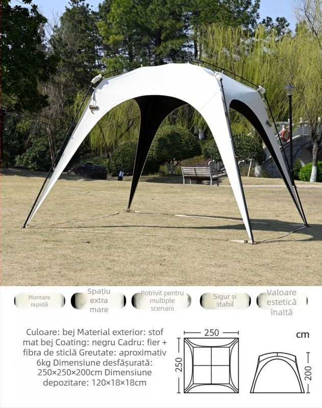 Cort automat cu deschidere rapidă pentru camping; rezistent la vânt și ploi; construcție cu un singur strat; țevi din fibră; exterior, interior și podea din Oxford; greutate 8,6 kg; rezistență la apă exterioară >3000 mm; potrivit pentru primăvară și toamnă