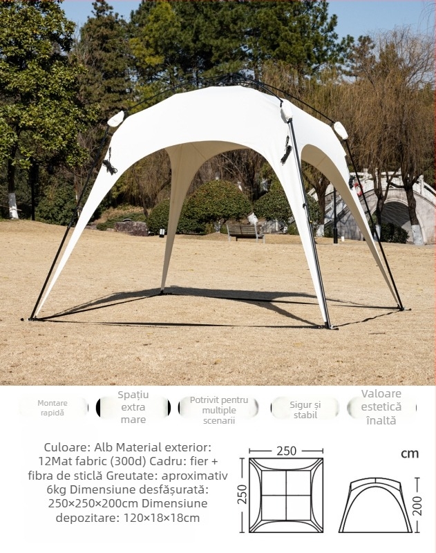 Cort automat cu deschidere rapidă pentru camping; rezistent la vânt și ploi; construcție cu un singur strat; țevi din fibră; exterior, interior și podea din Oxford; greutate 8,6 kg; rezistență la apă exterioară >3000 mm; potrivit pentru primăvară și toamnă