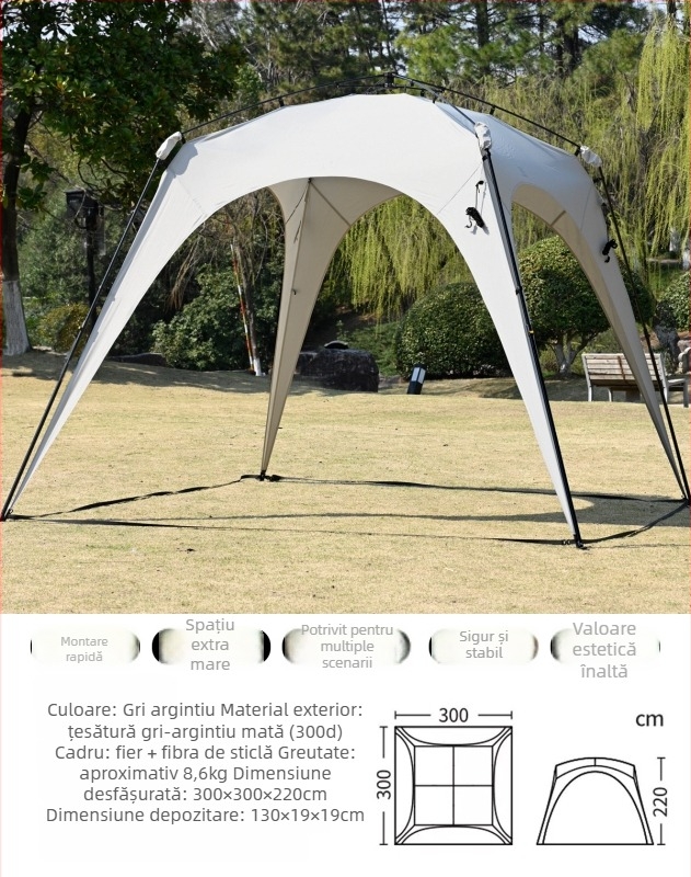Cort automat cu deschidere rapidă pentru camping; rezistent la vânt și ploi; construcție cu un singur strat; țevi din fibră; exterior, interior și podea din Oxford; greutate 8,6 kg; rezistență la apă exterioară >3000 mm; potrivit pentru primăvară și toamnă