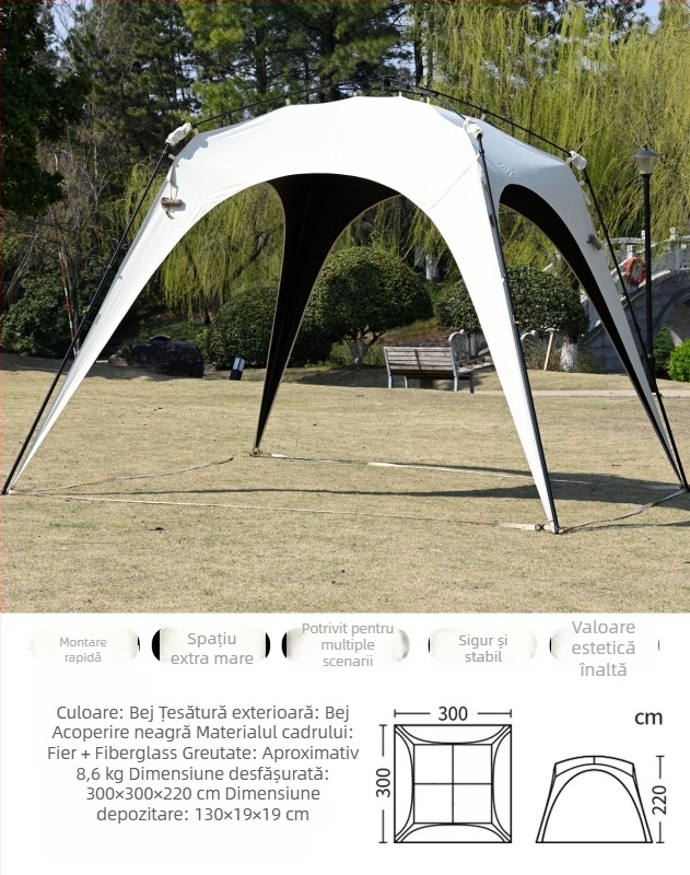Cort automat cu deschidere rapidă pentru camping; rezistent la vânt și ploi; construcție cu un singur strat; țevi din fibră; exterior, interior și podea din Oxford; greutate 8,6 kg; rezistență la apă exterioară >3000 mm; potrivit pentru primăvară și toamnă