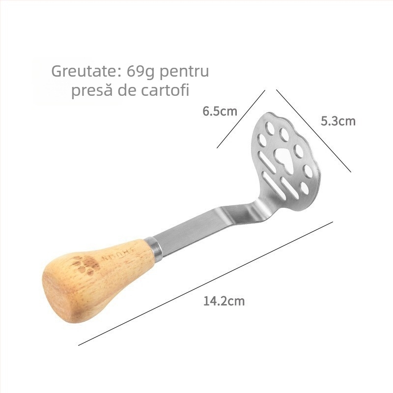 Set de 8 tacâmuri de bucătărie din oțel inoxidabil cu mânere din lemn de cauciuc: batator de ouă, separator de albușuri și presă de piure