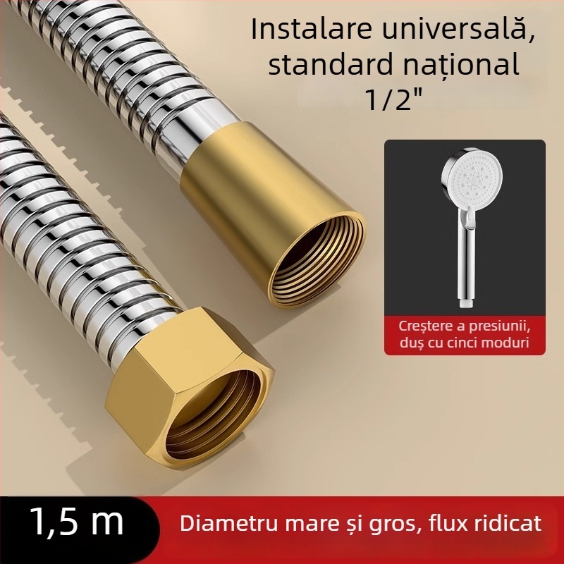 Set de duș cu debit mare, furtun din cupru/ oțel inoxidabil, cap de duș rotund, conexiune filetată, stil modern minimalist