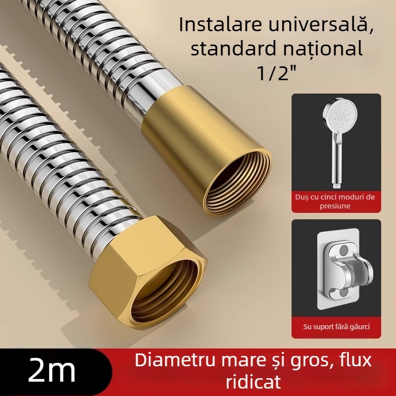 Set de duș cu debit mare, furtun din cupru/ oțel inoxidabil, cap de duș rotund, conexiune filetată, stil modern minimalist