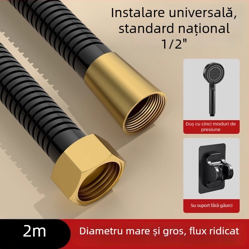 Set de duș cu debit mare, furtun din cupru/ oțel inoxidabil, cap de duș rotund, conexiune filetată, stil modern minimalist