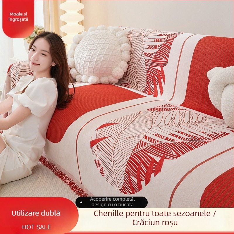 Husa de canapea din chenille, culoare solidă, potrivire universală, stil festiv