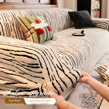 Husa de canapea - imprimeu zebra, velur din bumbac Shu, acoperire 360° completă, potrivită pentru canapele modulare, absorbție de umiditate și respirabilitate, stil retro, păstrarea căldurii