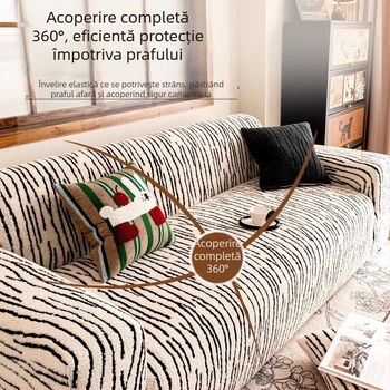 Husa de canapea - imprimeu zebra, velur din bumbac Shu, acoperire 360° completă, potrivită pentru canapele modulare, absorbție de umiditate și respirabilitate, stil retro, păstrarea căldurii