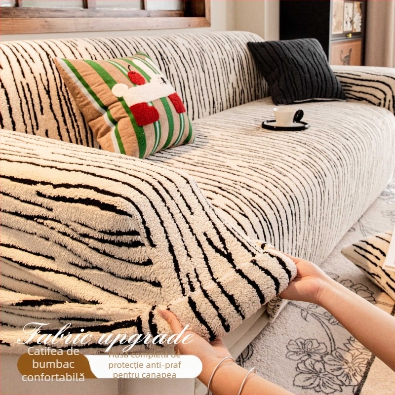Husa de canapea - imprimeu zebra, velur din bumbac Shu, acoperire 360° completă, potrivită pentru canapele modulare, absorbție de umiditate și respirabilitate, stil retro, păstrarea căldurii