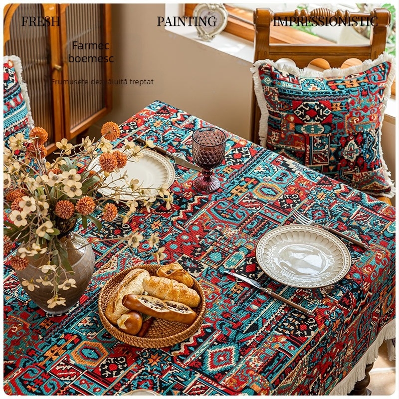 Față de masă - stil boem, model geometric, poliester, formă dreptunghiulară.