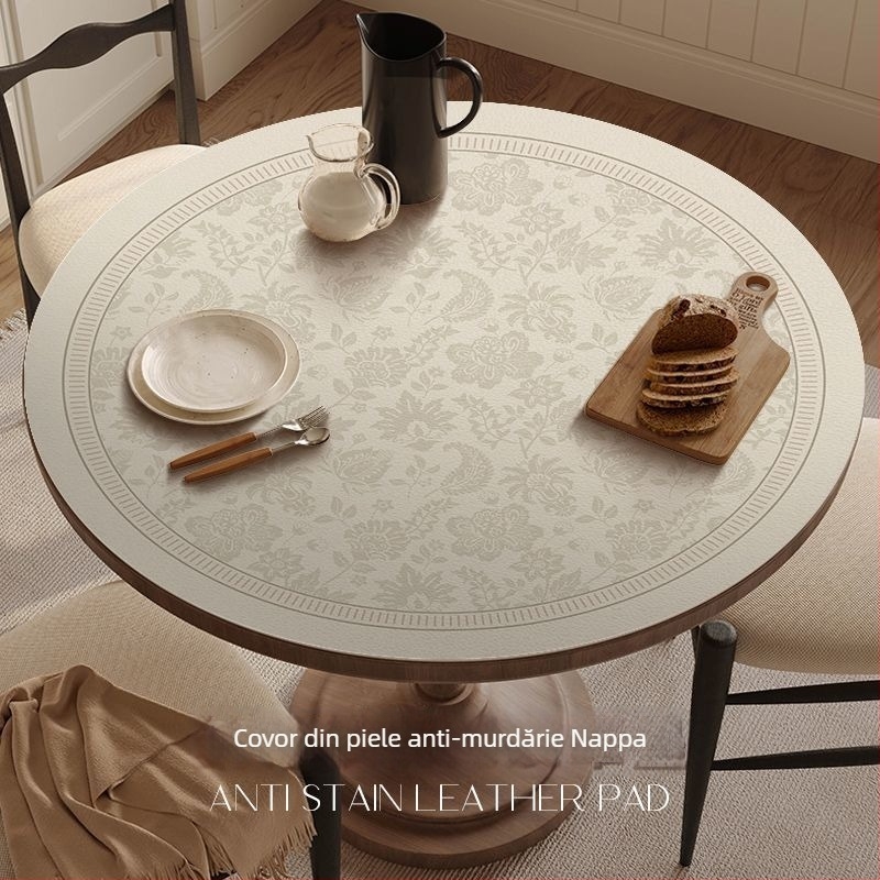 Covoraș rotund din piele pentru masă – impermeabil, rezistent la căldură, rezistent la ulei, stil franțuzesc, imprimeu
