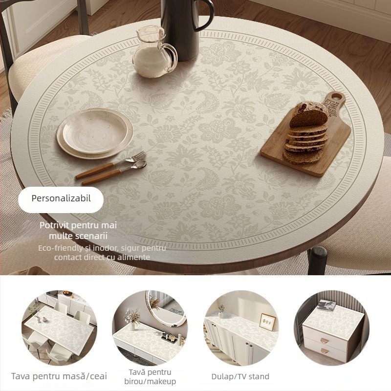 Covoraș rotund din piele pentru masă – impermeabil, rezistent la căldură, rezistent la ulei, stil franțuzesc, imprimeu