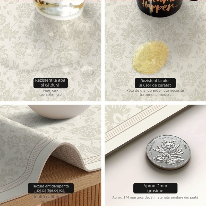 Covoraș rotund din piele pentru masă – impermeabil, rezistent la căldură, rezistent la ulei, stil franțuzesc, imprimeu