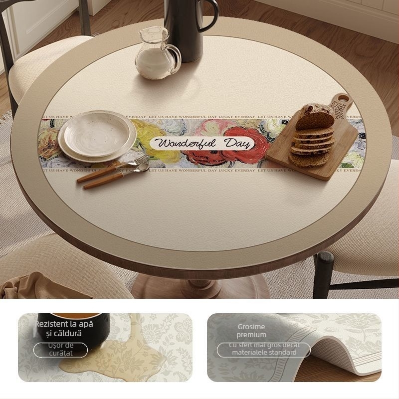 Covoraș rotund din piele pentru masă – impermeabil, rezistent la căldură, rezistent la ulei, stil franțuzesc, imprimeu