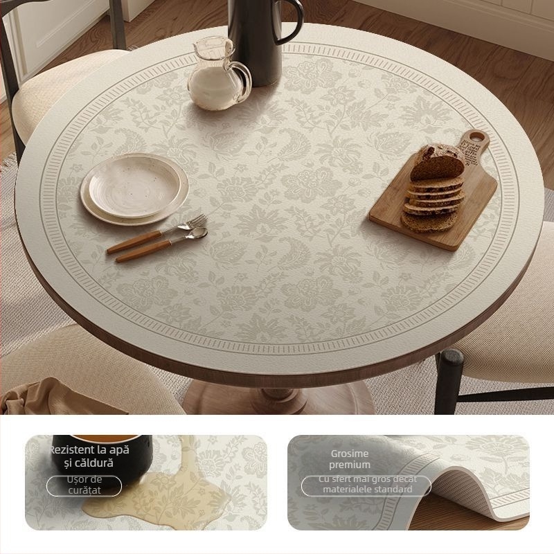 Covoraș rotund din piele pentru masă – impermeabil, rezistent la căldură, rezistent la ulei, stil franțuzesc, imprimeu