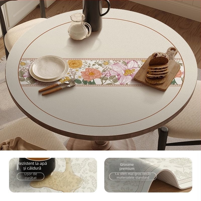 Covoraș rotund din piele pentru masă – impermeabil, rezistent la căldură, rezistent la ulei, stil franțuzesc, imprimeu