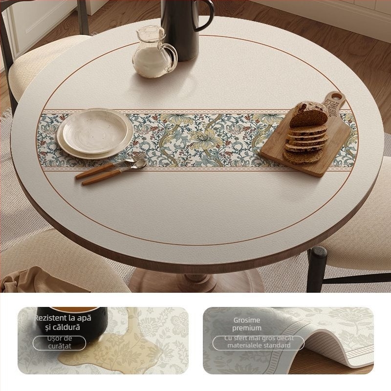 Covoraș rotund din piele pentru masă – impermeabil, rezistent la căldură, rezistent la ulei, stil franțuzesc, imprimeu