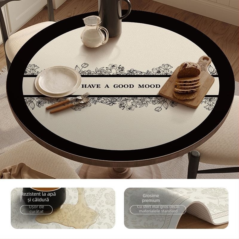 Covoraș rotund din piele pentru masă – impermeabil, rezistent la căldură, rezistent la ulei, stil franțuzesc, imprimeu