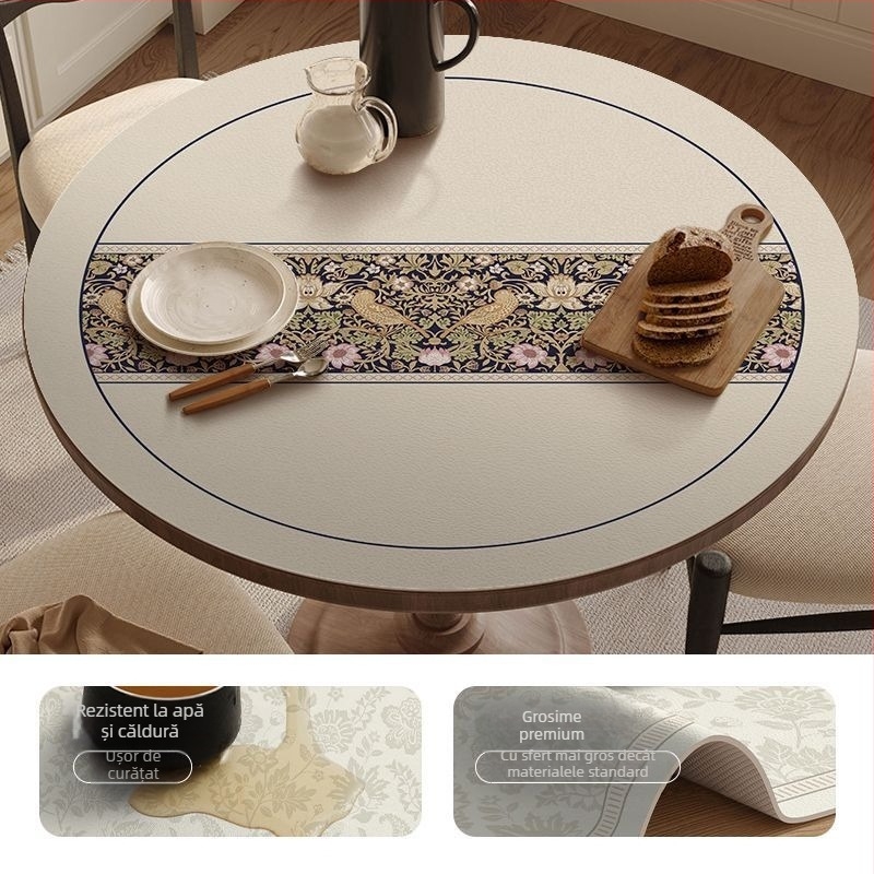 Covoraș rotund din piele pentru masă – impermeabil, rezistent la căldură, rezistent la ulei, stil franțuzesc, imprimeu