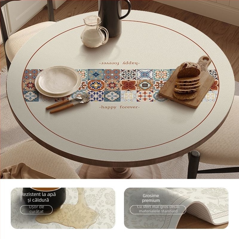 Covoraș rotund din piele pentru masă – impermeabil, rezistent la căldură, rezistent la ulei, stil franțuzesc, imprimeu