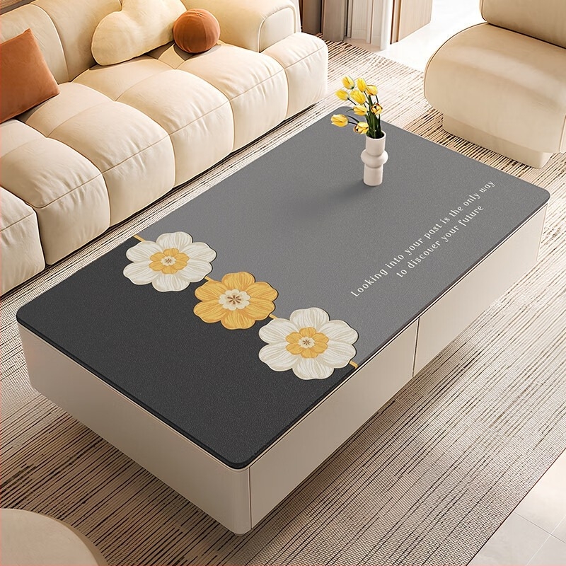 Covoraș pentru masă de cafea din Cortex material, formă dreptunghiulară, stil modern minimalist, model plante și flori