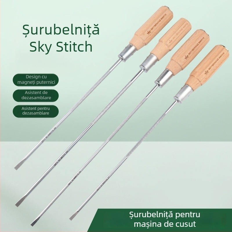 Șurubelniță pentru mașina de cusut, vârf magnetic, oțel CR-V crom-vanadiu, mâner din lemn, cap plat, greutate 140 g