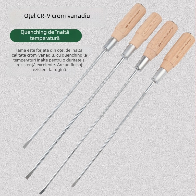 Șurubelniță pentru mașina de cusut, vârf magnetic, oțel CR-V crom-vanadiu, mâner din lemn, cap plat, greutate 140 g