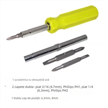 Șase în unu: șurubelniță multifuncțională cu cap Philips dublu, oțel crom-vanadiu, magnetică, izolată