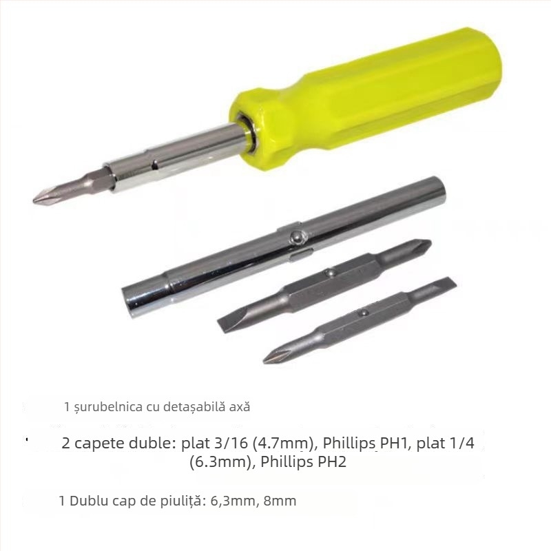 Șase în unu: șurubelniță multifuncțională cu cap Philips dublu, oțel crom-vanadiu, magnetică, izolată
