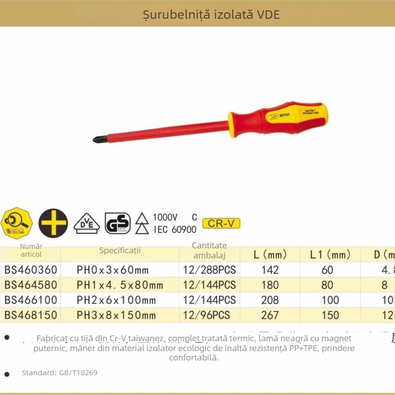 Persian Tools șurubelniță VDE izolată cu cap Philips și cu cap plat pentru electricieni, oțel Cr-V
