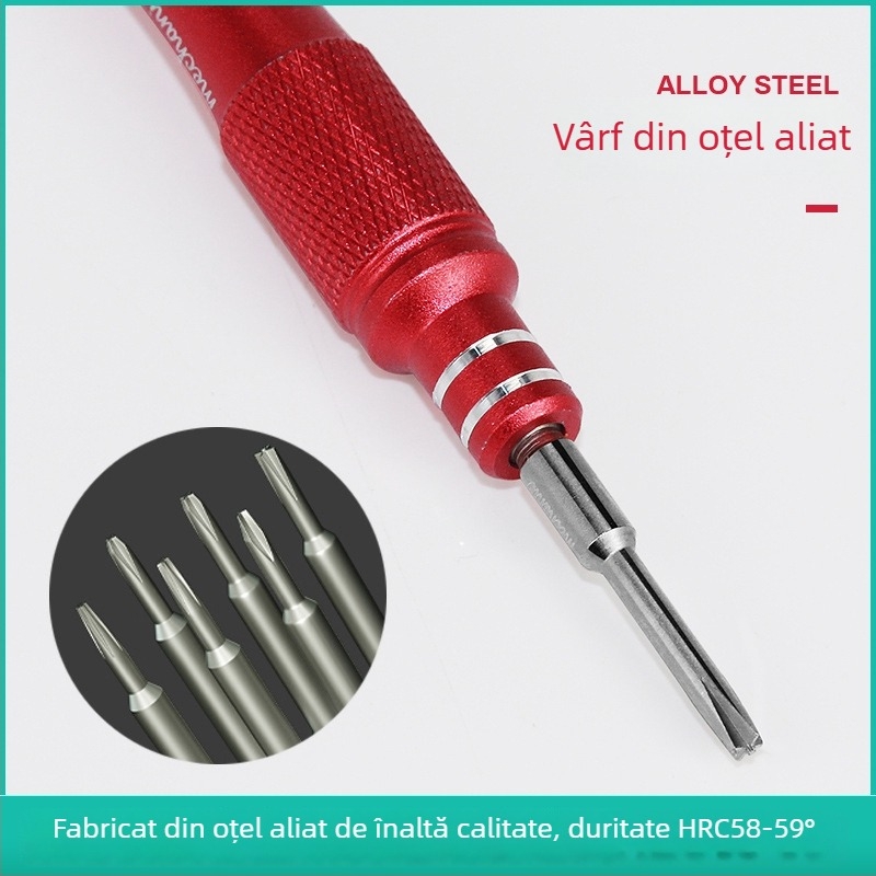 Șurubelniță Maintenance Guy pentru reparații telefoane – magnetizată, izolată, oțel S2, mâner din cupru, 1,5 mm, capete: cruci, triunghi, stea cu cinci colțuri și hexagon
