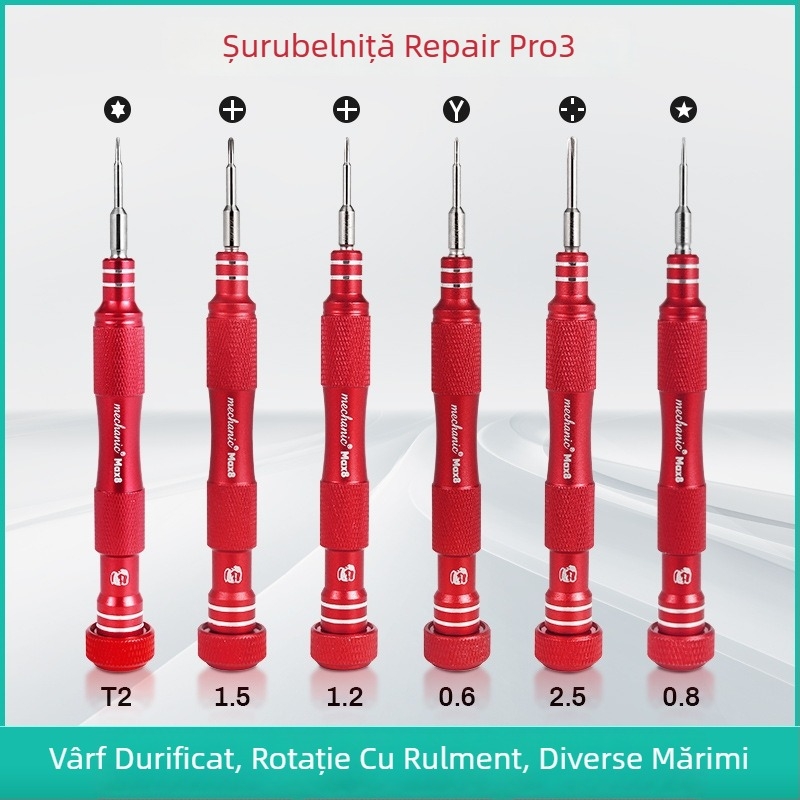 Șurubelniță Maintenance Guy pentru reparații telefoane – magnetizată, izolată, oțel S2, mâner din cupru, 1,5 mm, capete: cruci, triunghi, stea cu cinci colțuri și hexagon