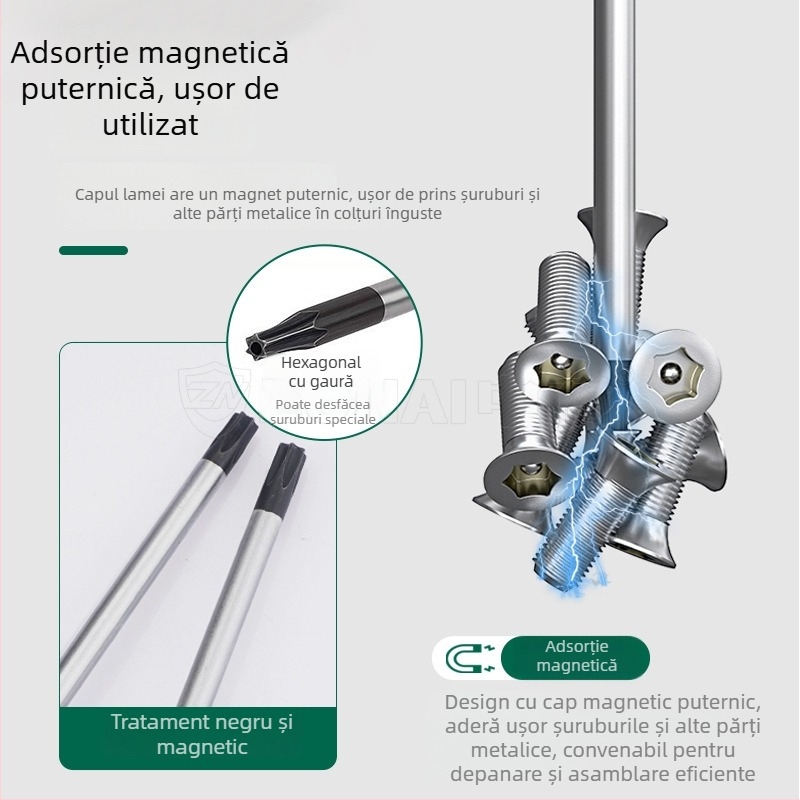 Șurubelniță Torx din seria T, cap floare și gaură centrală, magnetică, din oțel Cr-V, mâner cu acoperire adezivă