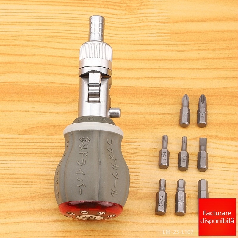 Set de șurubelnițe cu mecanism de ratchet pentru multiple unghiuri, 8 bituri, oțelin CR-V, magnetic, greutate ~0,3 kg