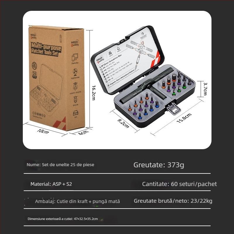 Șurubelniță multifuncțională cu clichet și set de biti, vârfuri din oțel S2 aliat