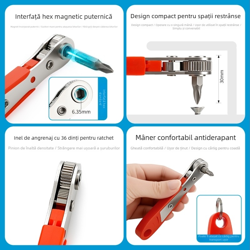 Set şurubelniţe cu clichet - bidirecțional, compact, multifuncțional cu biti scurți (lamă Cr-V, magnetizate, marca Chuanxing)
