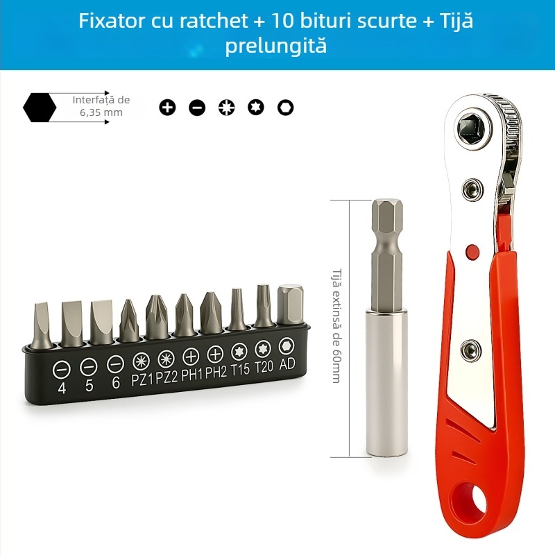 Set şurubelniţe cu clichet - bidirecțional, compact, multifuncțional cu biti scurți (lamă Cr-V, magnetizate, marca Chuanxing)