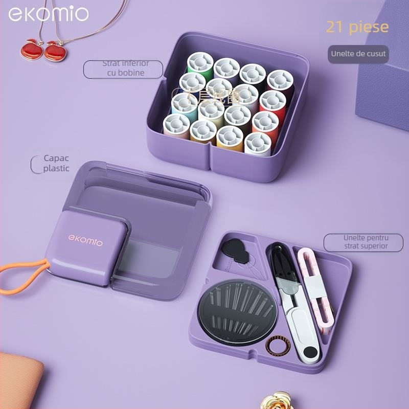 Cutie de cusut - tip buzunar portabil, plastic, set de 75 bucăți, 292 g, personalizabil, seria înfășurării acelor, design lux ușor